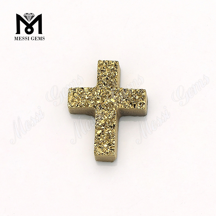 Polished Natural Gemstones 24K Gold Cross Agate Druzy Stones
