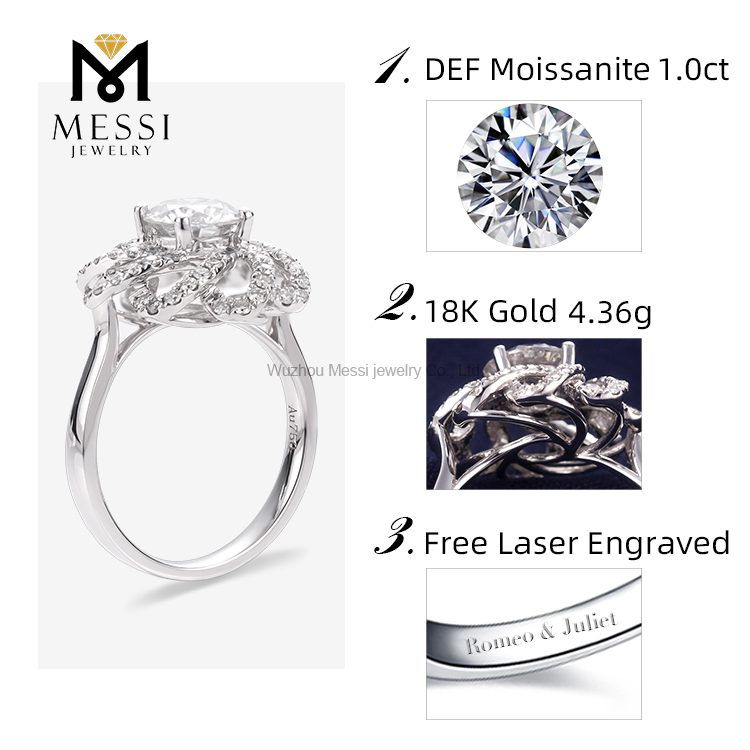 18k white real gold 1ct moissanite diamond flower wedding ring 