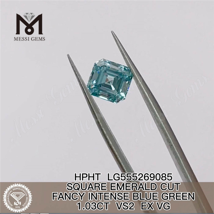 1.03CT SQUARE CUT FANCY INTENSE BLUE GREEN VS2 EX VG HPHT lab grown diamond LG555269085