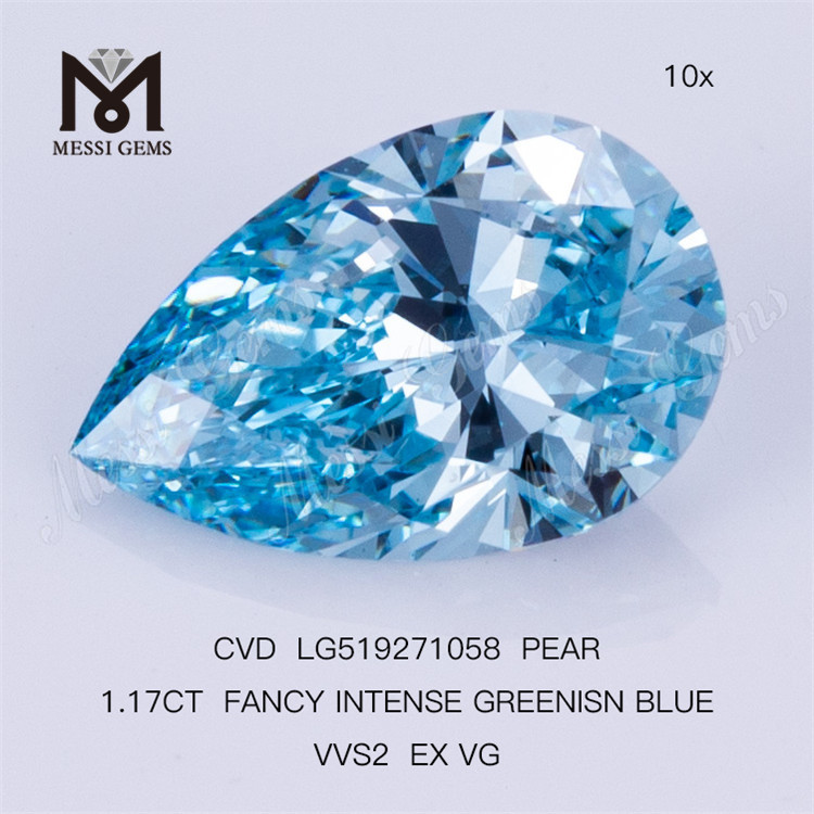 1.17CT FANCY INTENSE GREENISN BLUE VVS2 EX VG PEAR lab grown diamond CVD LG519271058