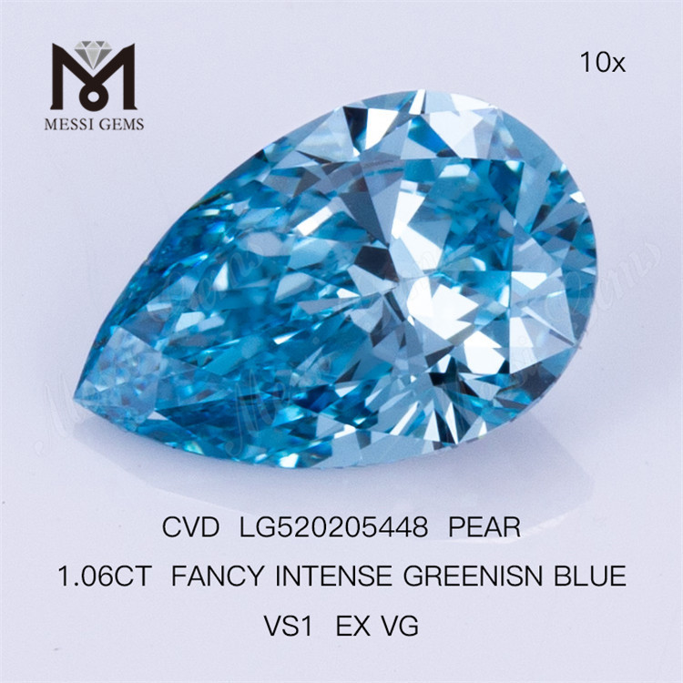 1.06CT PEAR FANCY INTENSE GREENISN BLUE VS1 EX VG lab diamond CVD LG520205448