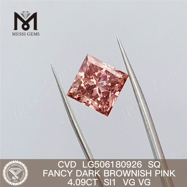 4.09CT SQ CUT FANCY DARK BROWNISH PINK SI1 VG VG CVD lab created pink diamonds LG506180926