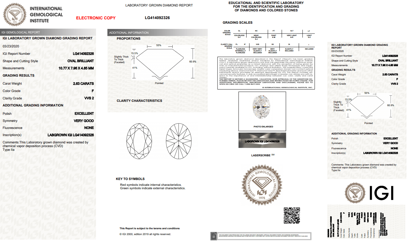 2.03ct D VS1 OVAL lab grown diamond IGI certificate 