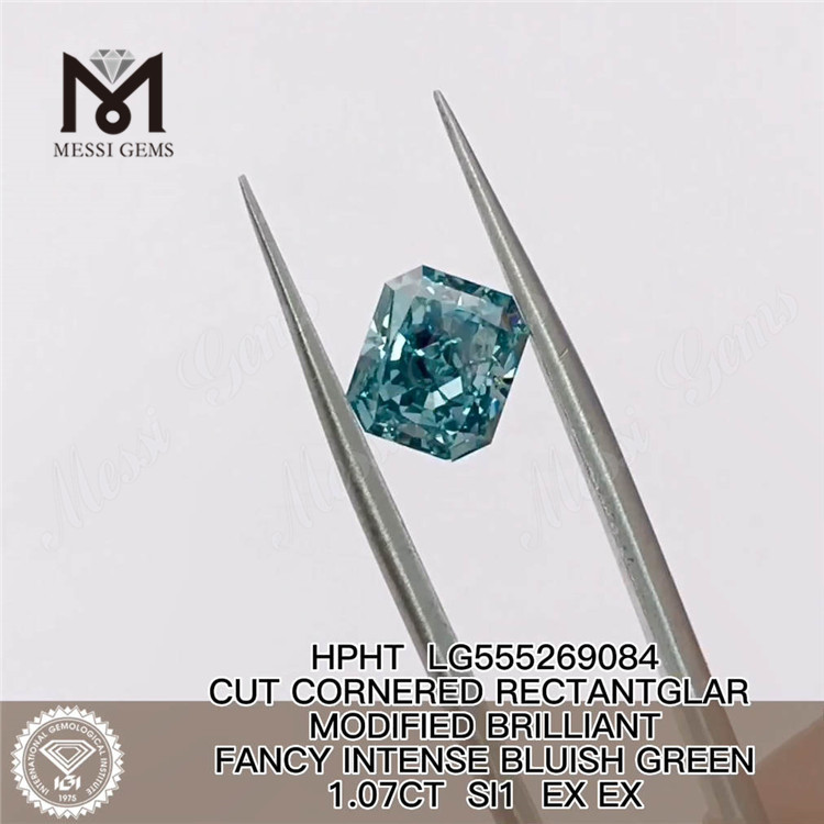 1.07CT RECTANTGLAR FANCY INTENSE BLUISH GREEN SI1 EX EX HPHT lab grown diamond LG555269084 