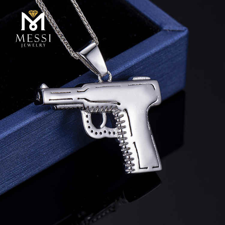 Rapper Chains Gun Hip Hop Silver Jewelry Moissanite Stone Necklace