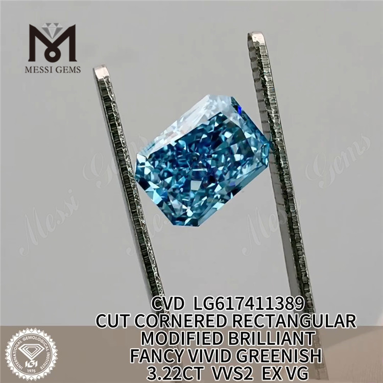3.22CT レクタンギュラー カット ファンシー ビビッド グリーンニッシュ ブルー VVS2 EX VG CVD ラボ ダイヤモンド LG617411389丨Messigems