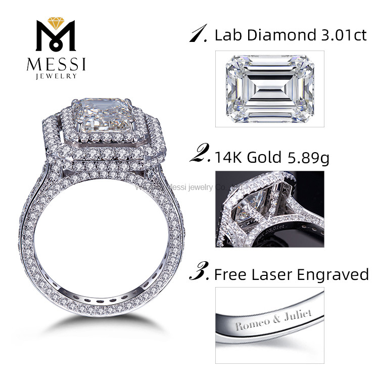 Emerald cut 3Ct Diamonds Cocktail Ring 14K 18K White Gold HPHT Lab Diamond Halo Ring