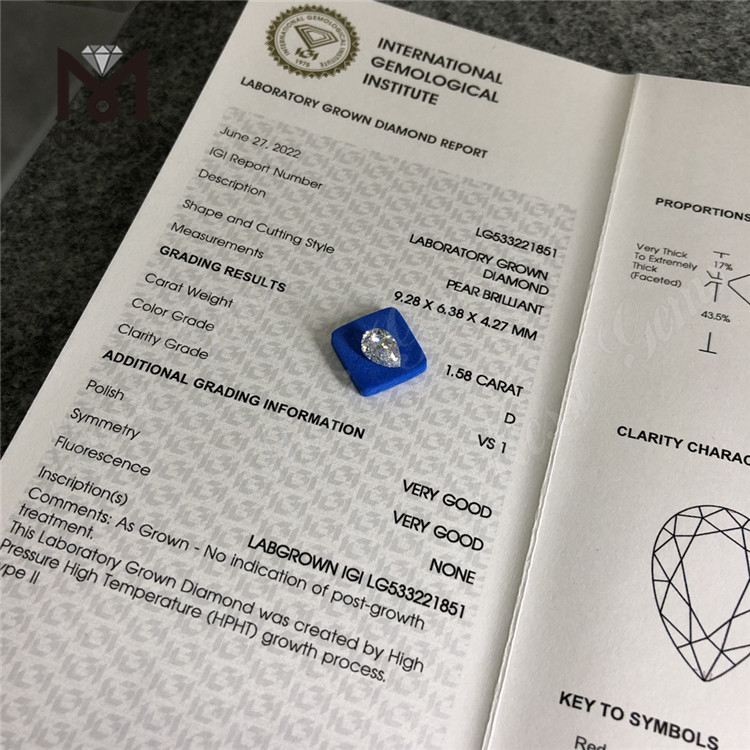1.58ct D VS1 bedste l&oslash;se laboratoriediamant PEAR Brilliant l&oslash;s laboratoriediamant engros CVD